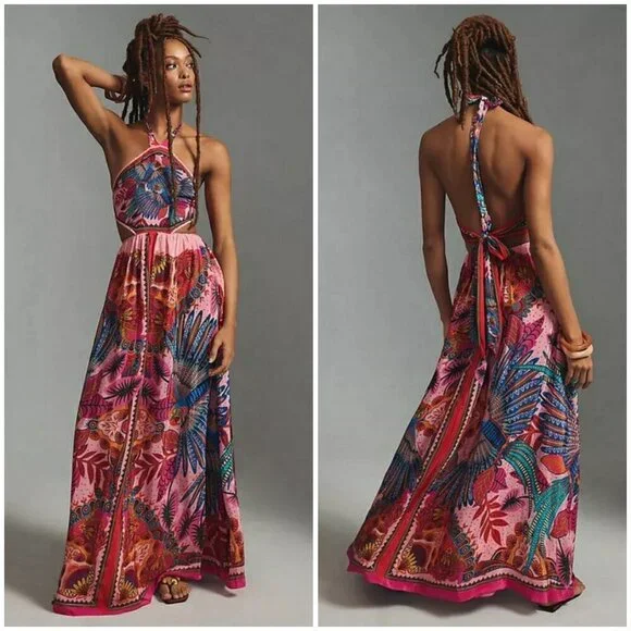 farm rio macaw scarf maxi dress FARM Rio | Dresses | Farm Rio Macaw Scarf Maxi Dress Halter Neck Cut Out  Bodice Viscose Xl Nwt